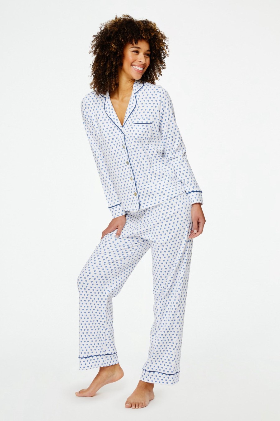 Roller Rabbit Hearts Long Sleeve Polo Pajamas Blue Pajamas