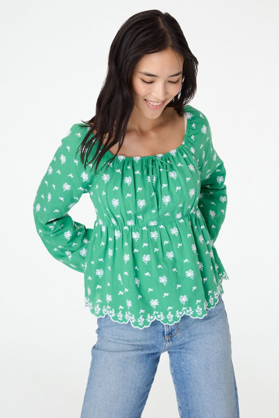 Roller Rabbit Isotta Embroidery Yanna Top Green Tops