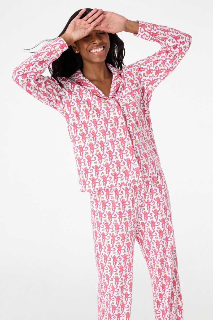 Roller Rabbit Monkey Long Sleeve Polo Pajamas Pink Pajamas