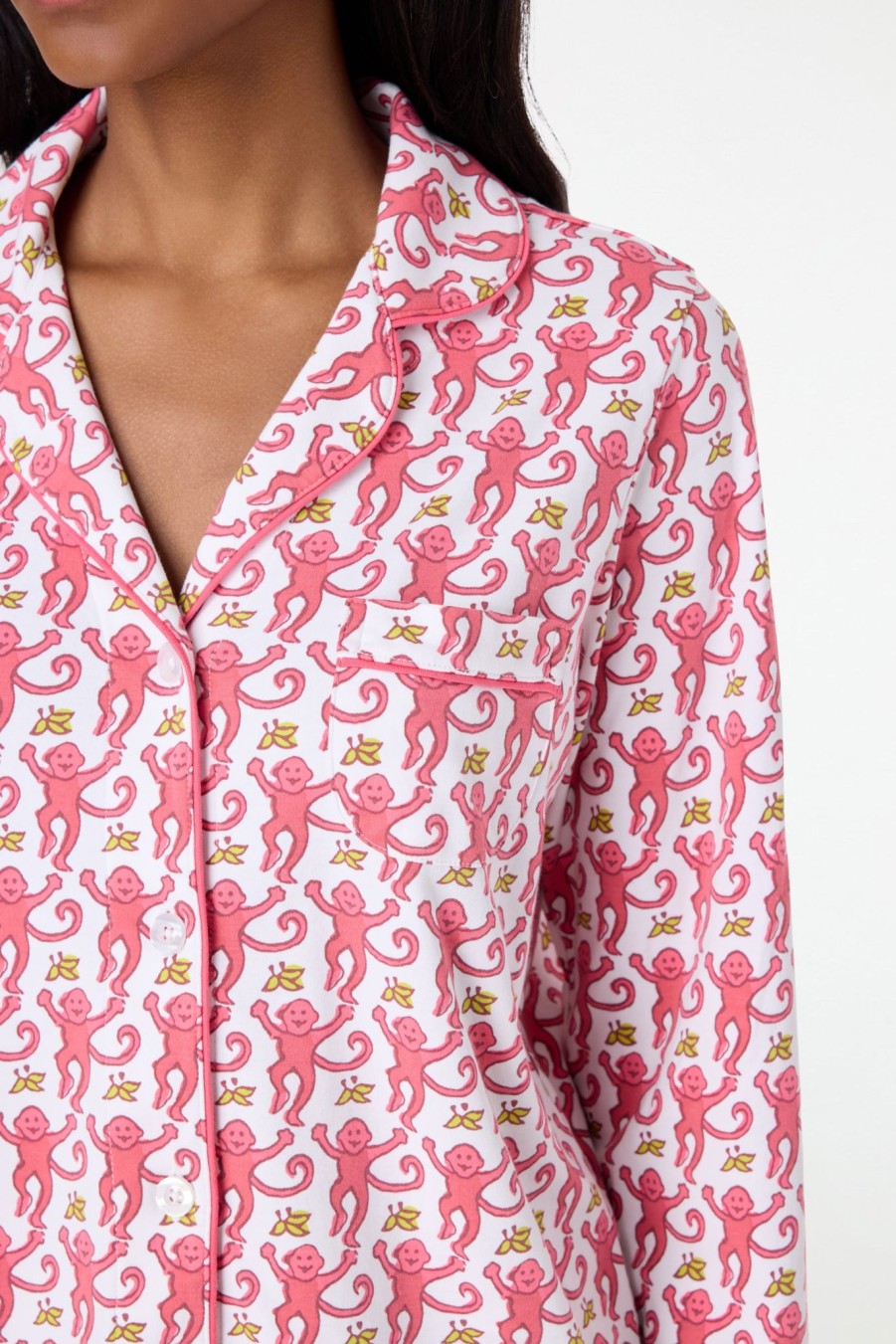 Roller Rabbit Monkey Long Sleeve Polo Pajamas Pink Pajamas