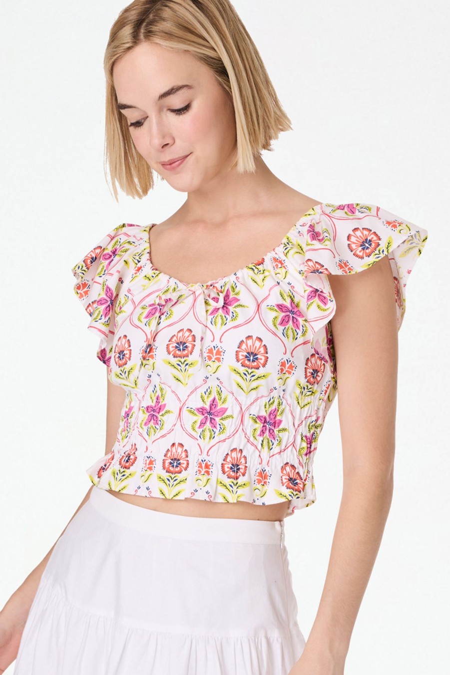 Roller Rabbit Fontana Floral Reese Top White Tops