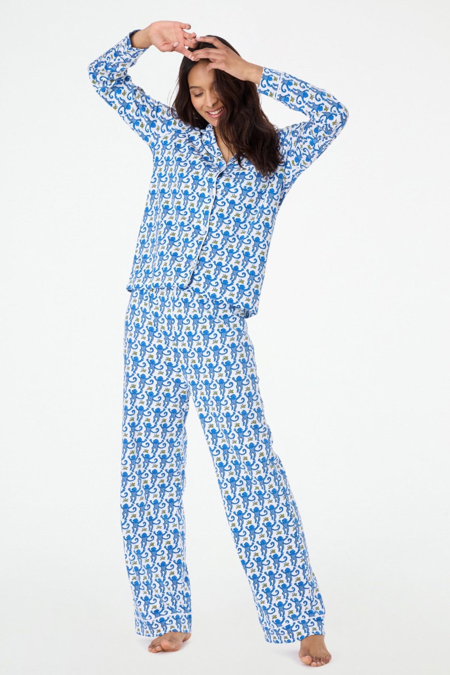 Roller Rabbit Monkey Long Sleeve Polo Pajamas Blue Pajamas