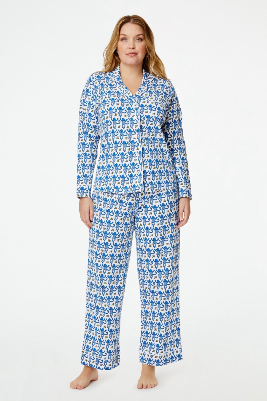 Roller Rabbit Monkey Long Sleeve Polo Pajamas Blue Pajamas