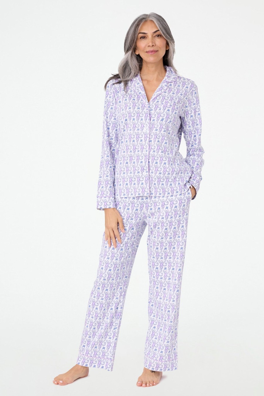 Roller Rabbit Monkey Long Sleeve Polo Pajamas Lavender Pajamas