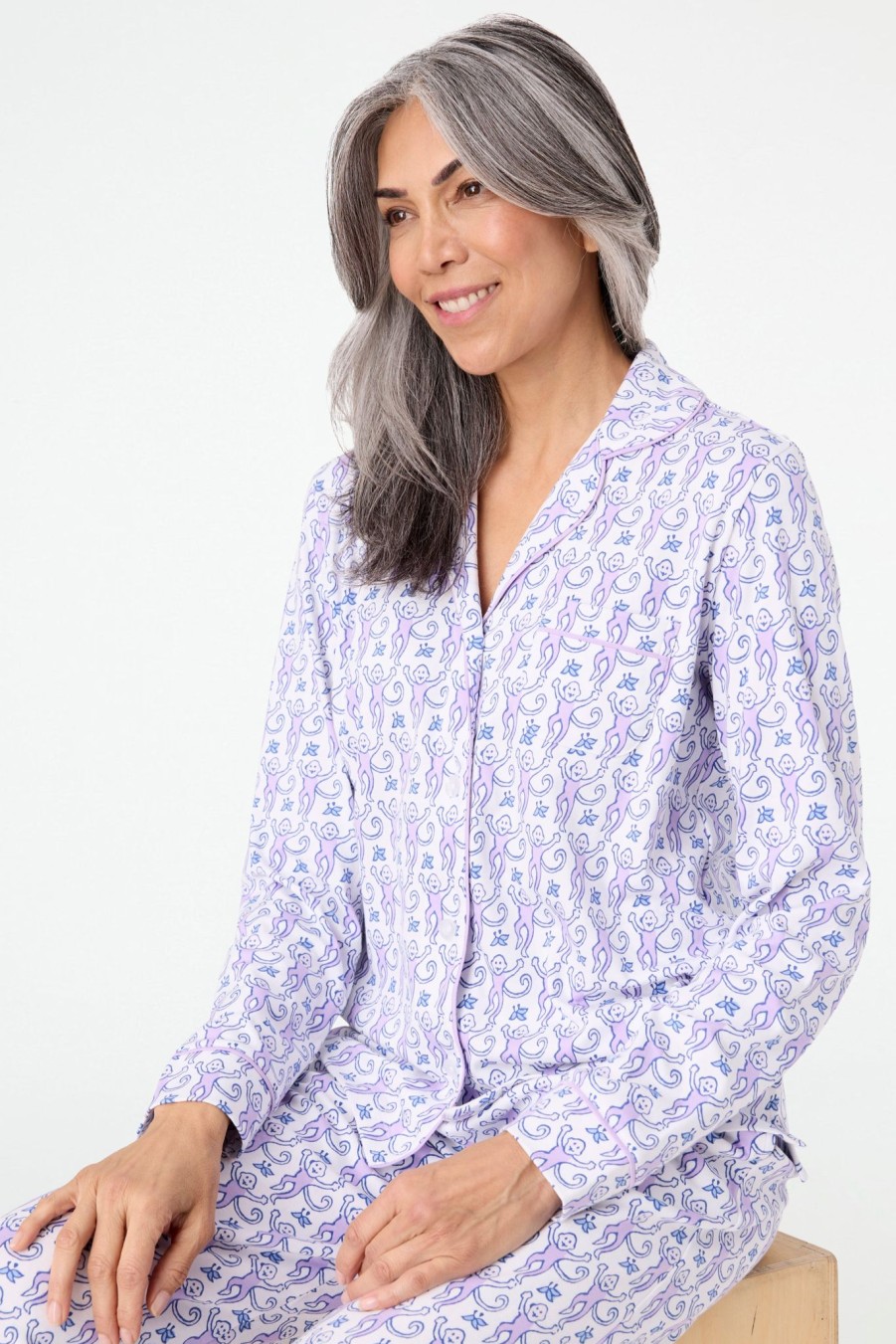 Roller Rabbit Monkey Long Sleeve Polo Pajamas Lavender Pajamas